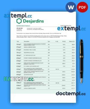 sample DESJARDINS Bank corporate checking account statement Word and PDF template download