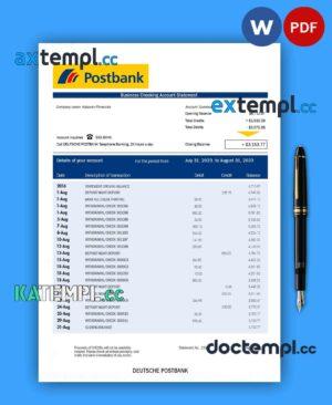 sample DEUTSCHE Postbank corporate checking account statement Word and PDF template download