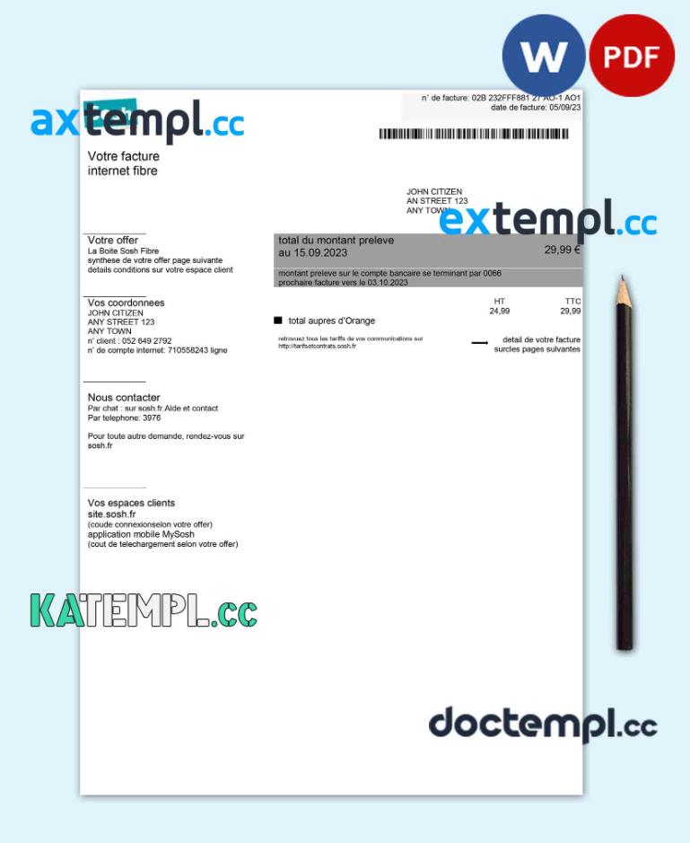 sample France Sosh utility bill Word and PDF template download
