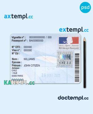 sample France residency OFII visa stamp template in PSD format, with fonts download