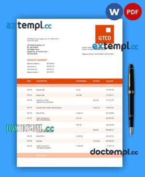 sample Gt Bank organization checking account statement Word and PDF template download