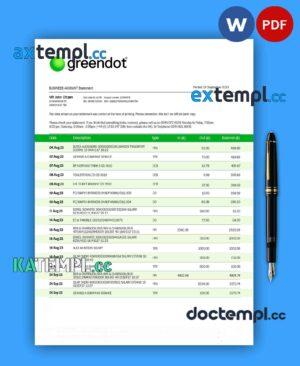 sample Green Dot Bank business checking account statement Word and PDF template download