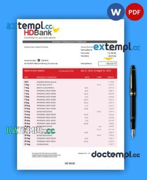 sample HD Bank company account statement Word and PDF template download