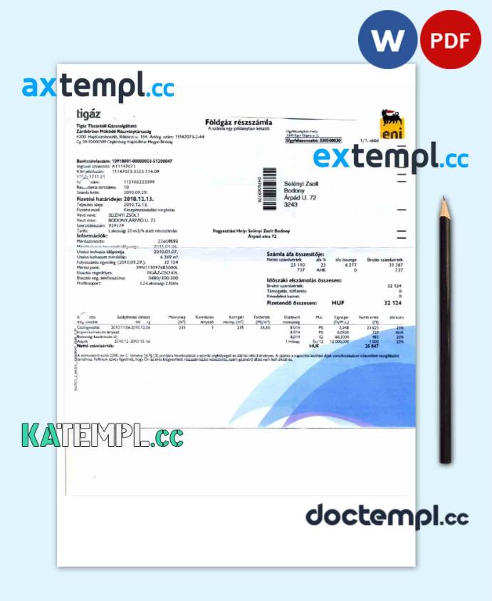 sample HUNGARY TIGAZ utility bill Word and PDF template download