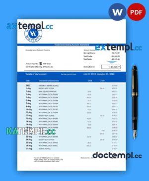 sample Hancock Whitney Bank business checking account statement Word and PDF template download