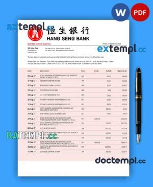 sample HANG Seng Bank corporate checking account statement Word and PDF template download