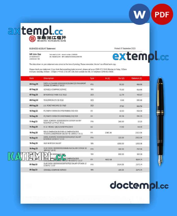 sample HUARONG Xiangjiang Bank company account statement Word and PDF template download