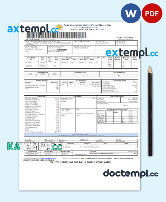 sample INDIA PVVNL utility bill Word and PDF template download