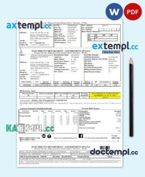 sample INIDA ELECTRICITY DEPARTMENT GOVERNMENT OF GOA utility bill Word and PDF template download