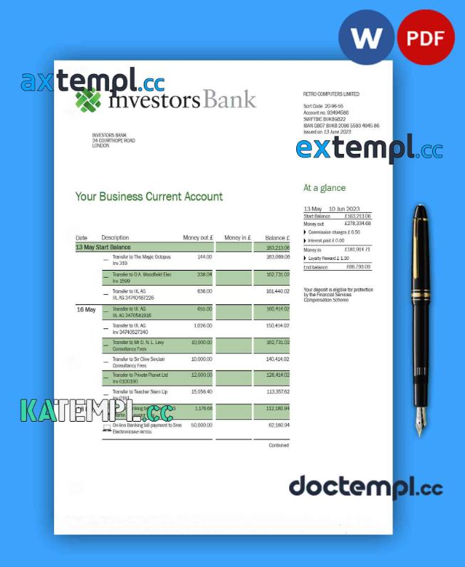 sample Investors Bank business checking account statement Word and PDF template download