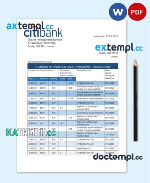 sample Ireland Citibank bank statement Word and PDF template download