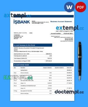 sample ISBANK corporate checking account statement Word and PDF template download