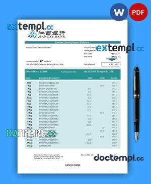 sample Jiangxi Bank business checking account statement Word and PDF template download