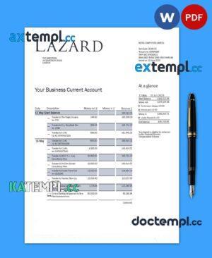 sample LAZARD Bank business statement Word and PDF template download