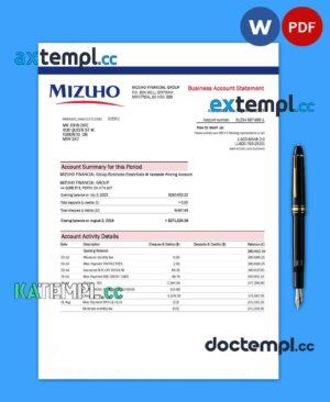 sample MIZUHO Financial Group bank company account statement Word and PDF template download