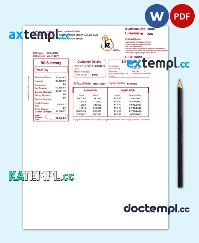 sample NIGEIA IKEJA utility bill Word and PDF template download