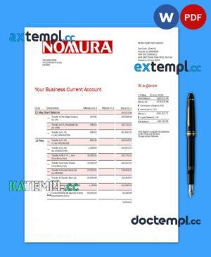 sample NOMURA Bank business statement Word and PDF template download
