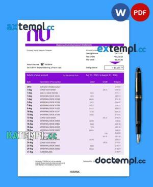 sample NUBANK corporate checking account statement Word and PDF template download