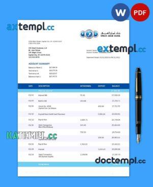 sample Oman Arab Bank company checking account statement Word and PDF template download