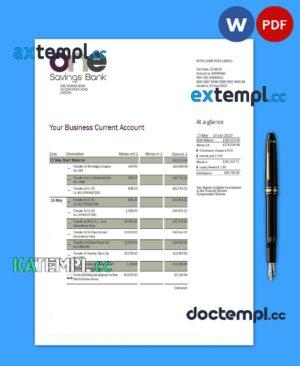sample Onesavings Bank business checking account statement Word and PDF template download