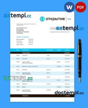 sample Otkritie FC Bank enterprise account statement Word and PDF template download