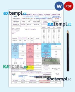 sample PAKISTAN GUJRANWALA ELECTRICPOWER utility bill Word and PDF template download