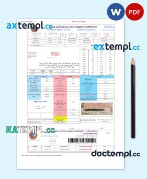 sample PAKISTAN MULTAN ELECTRIC POWER utility bill Word and PDF template, version 2 download