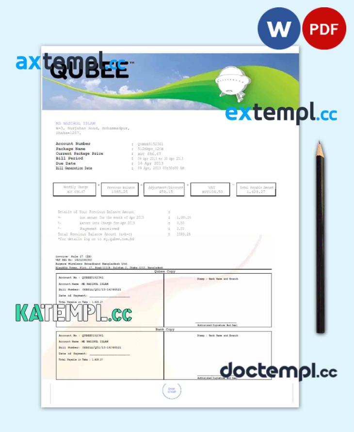 sample PAKISTAN QUBEE utility bill Word and PDF template download