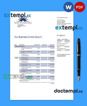 sample PACWEST Bank corporate checking account statement Word and PDF template download