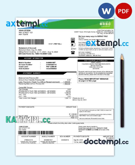 sample Philippines Smart utility bill Word and PDF template download