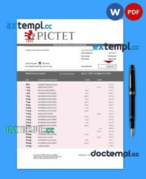 sample PICTET Bank firm account statement Word and PDF template download