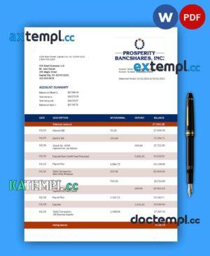 sample Prosperity Bancshares Inc company checking account statement Word and PDF template download