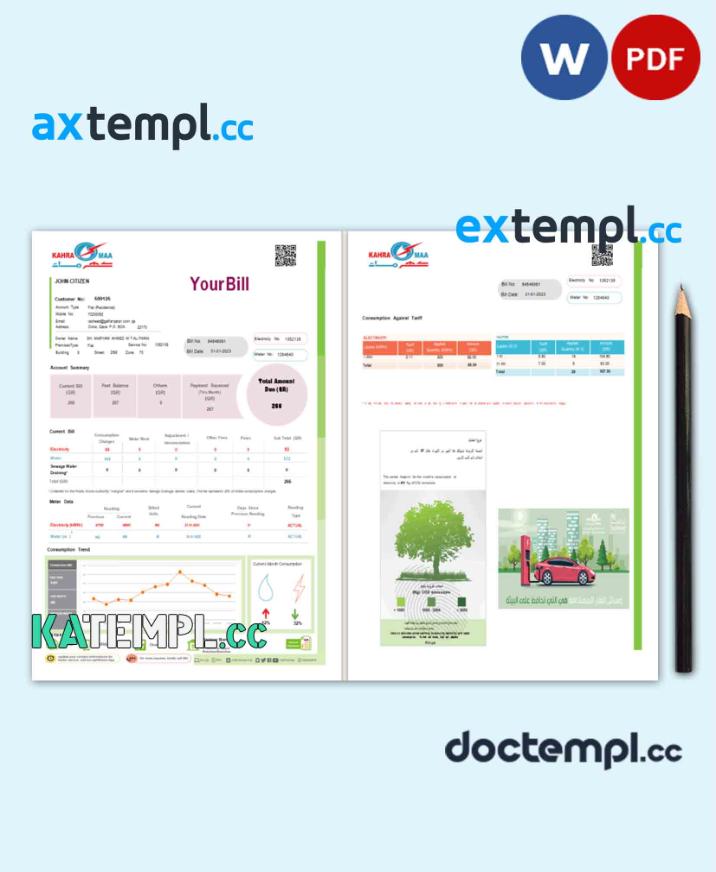sample Qatar Kahra Maa utility bill Word and PDF template, 2 pages demo download