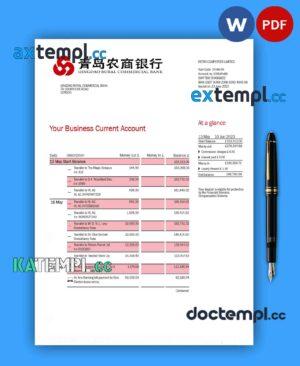 sample Qingdao Rural Commercial Bank organization account statement Word and PDF template download