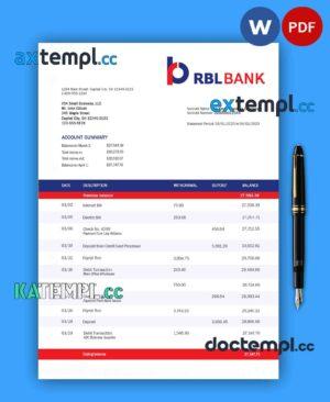 sample RBL Bank enterprise account statement Word and PDF template download