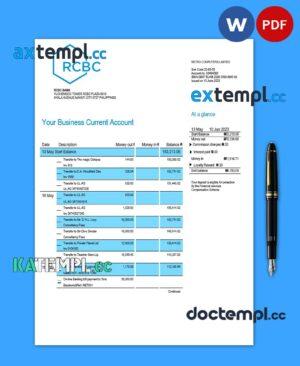 sample RCBC Bank organization account statement Word and PDF template download
