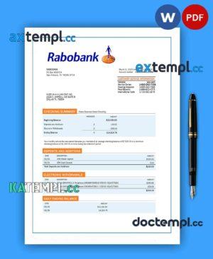 sample RABOBANK bank organization account statement Word and PDF template download