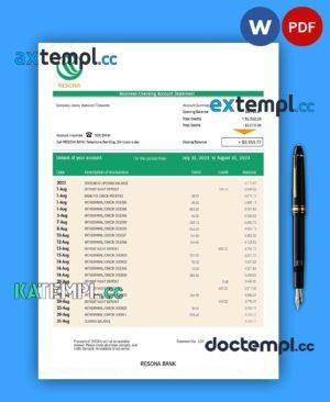 sample RESONA Bank company checking account statement Word and PDF template download