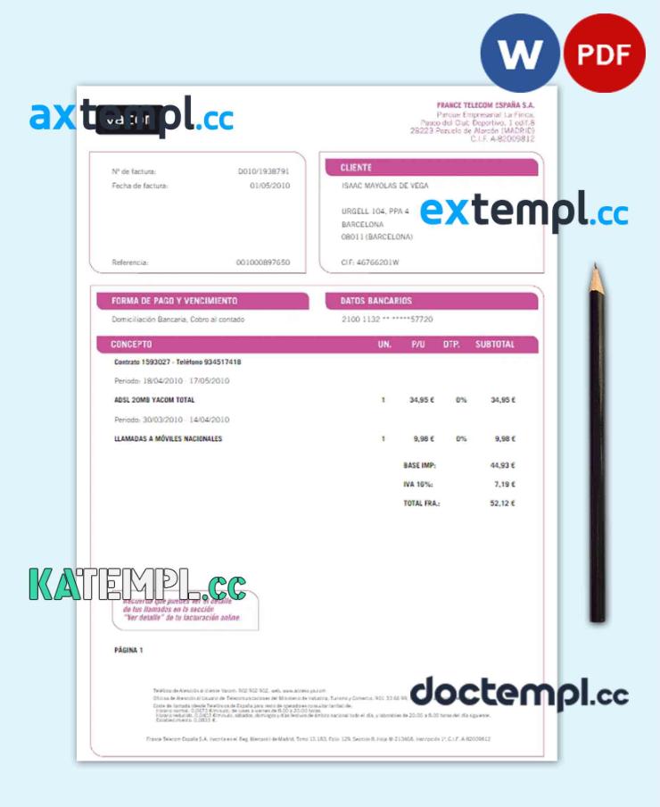 sample SPAIN YACOM utility bill Word and PDF template download