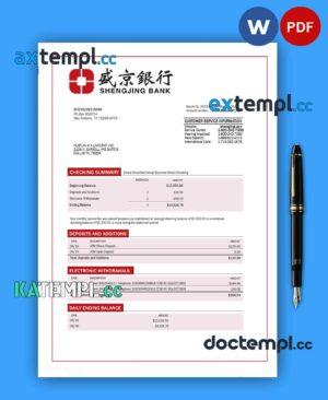 sample Shengjing Bank company checking account statement Word and PDF template download