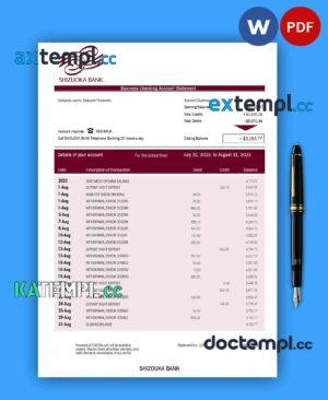 sample Shizuoka Bank organization checking account statement Word and PDF template download