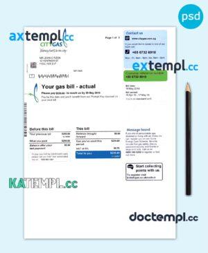 sample Singapore City Gas utility bill template, fully editable in PSD format download