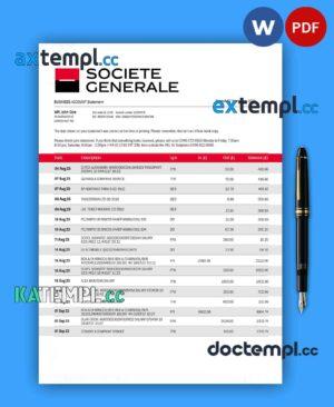 sample SOCIETE GENERALE Bank firm account statement Word and PDF template download