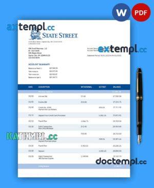 sample STATE Street Bank organization bank statement Word and PDF template download