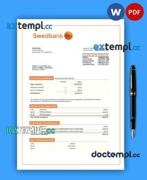 sample SWEDBANK business checking account statement Word and PDF template download