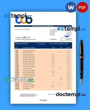 sample TTB Bank corporate checking account statement Word and PDF template download