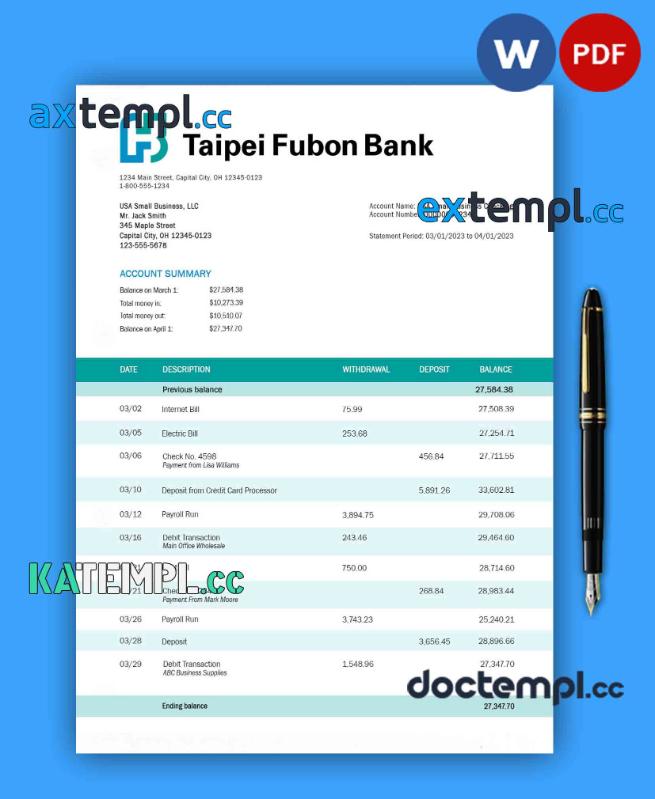 sample TAIPAI Fubon Bank corporate checking account statement Word and PDF template download