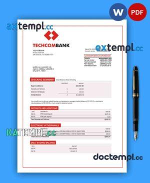 sample TECHCOMBANK corporate checking account statement Word and PDF template download