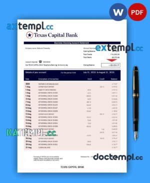sample Texas Capital Bank company account statement Word and PDF template download
