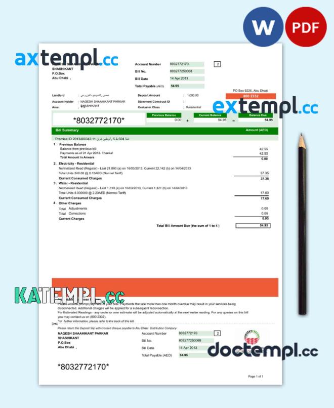 sample UAE ABU DHABI DISTRIBUTION 7 CO. utility bill Word and PDF template, version 2 download